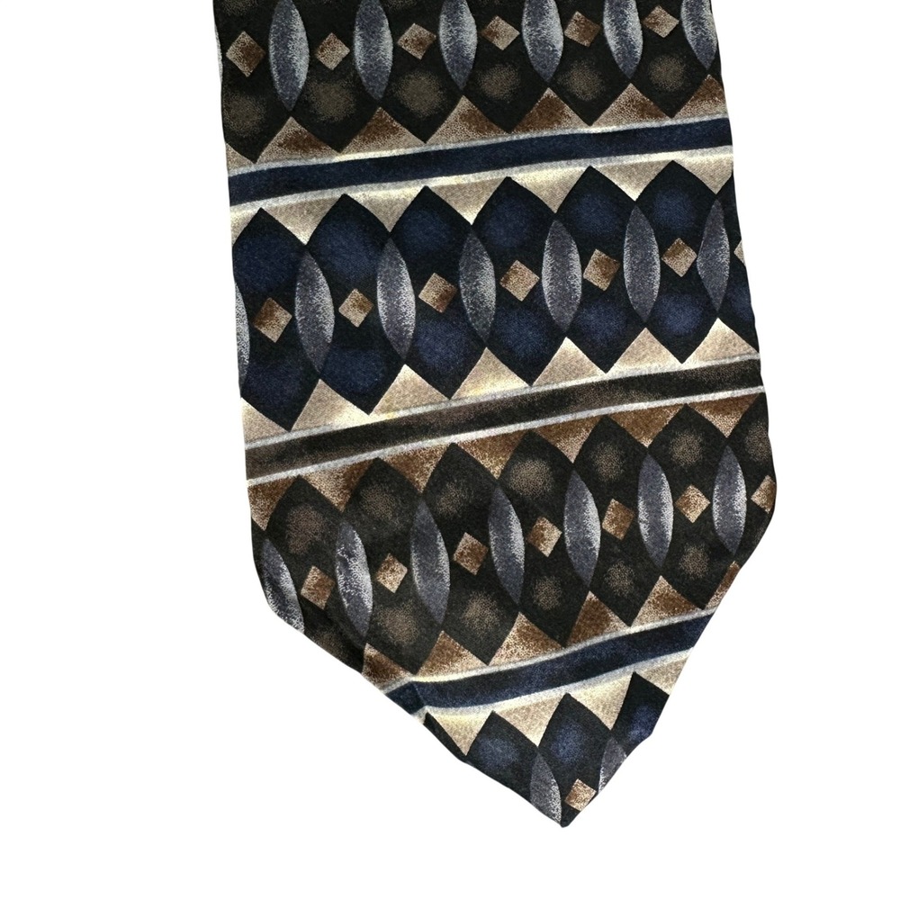 Albert Nipon Mens Geometric Silk Tie Navy Blue Brown Diamond Pattern Made in USA